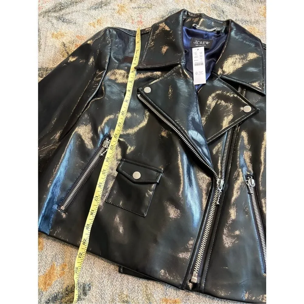 J.Crew Collection Black Cropped Moto Jacket In Faux Patent Leather Sz Large NWT